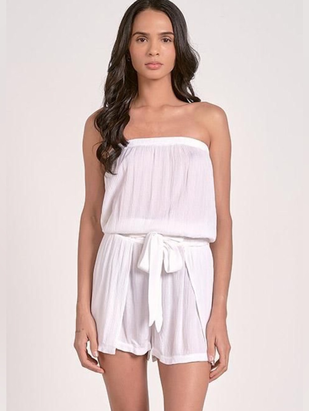 Strapless White Beach Coverup Romper with Tie Waist